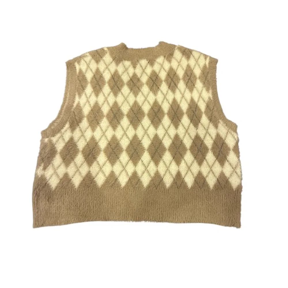 William Rast Women’s Soft Beige Old Money Neutral Argyle Knit Vest sz L - Picture 2 of 8